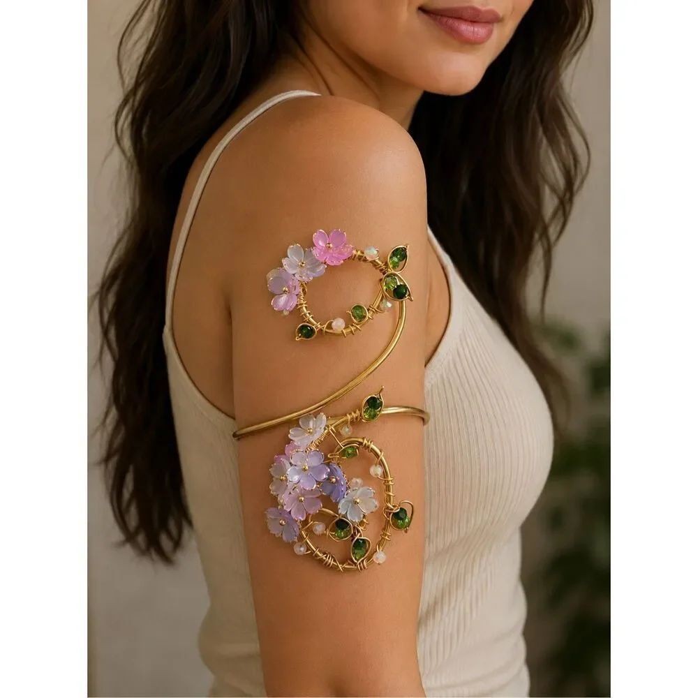 Enchanted adjustable gold tone floral arm cuff whimsical fairy core blossom flow